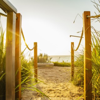Walkway to beach under blue sky
