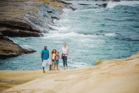 Family smiling on beach