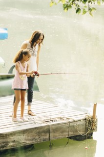 Mother and daughter fishing in lake