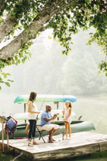 Family fishing in lake