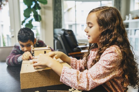 Mixed race children building model house