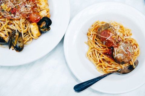 Plate of seafood and pasta