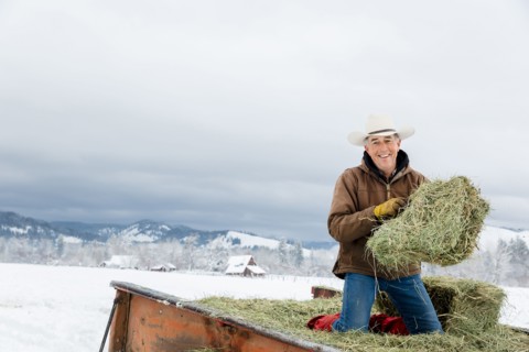 Caucasian farmer hauling hay in snowy field