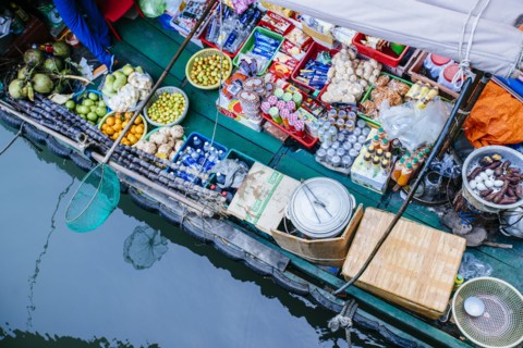 High angle view of vendor boat on river