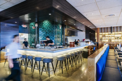 Busy Caucasian workers at counter in modern bar and restaurant