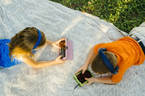 Caucasian brother and sister laying on blanket using technology