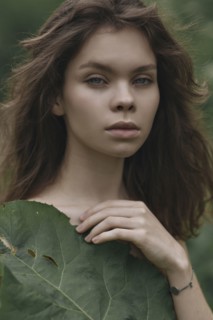 Caucasian woman covering chest with leaf