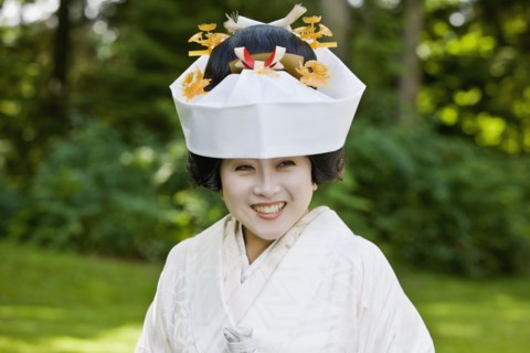 Close up of Japanese bride wearing traditional clothing