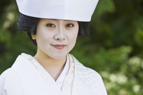 Close up of Japanese bride wearing traditional clothing