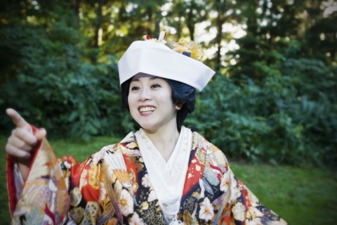 Close up of Japanese bride wearing traditional clothing