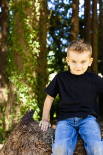 Caucasian boy sitting on log in forest