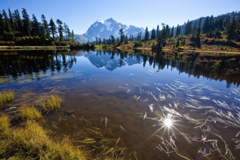 Mountain and hills reflecting in still lake
