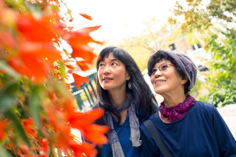 Older Japanese mother and daughter admiring autumn leaves