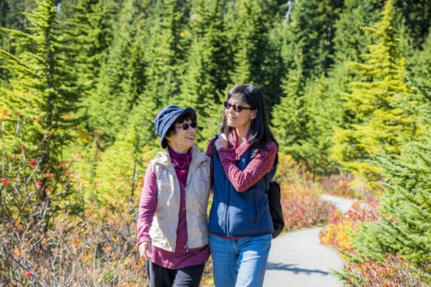 Older Japanese mother and daughter walking on nature path