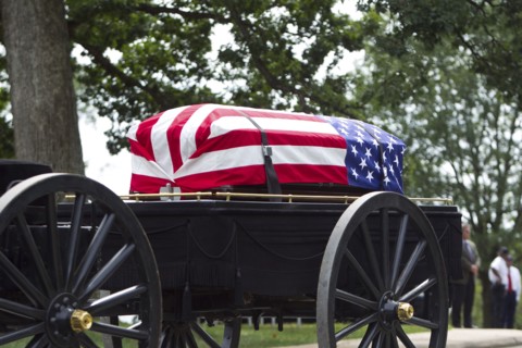 American flag over casket at military funeral