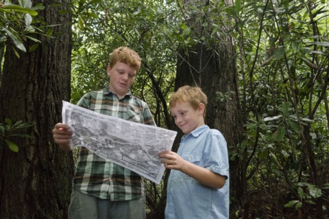 Caucasian boys reading map in forest