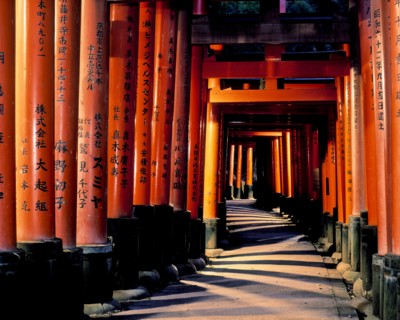Hallway through traditional shrine at dusk