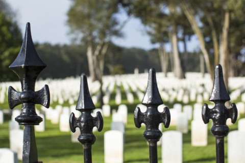 Close up of wrought iron fence around cemetery