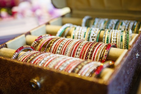 Close up of tray of bangles for sale
