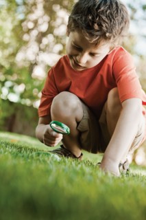 Caucasian boy looking at grass with magnifying glass