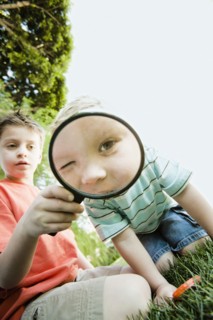 Caucasian brothers looking through magnifying glass