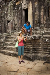 Couple visiting ancient temple