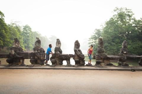 Couple visiting ancient temple