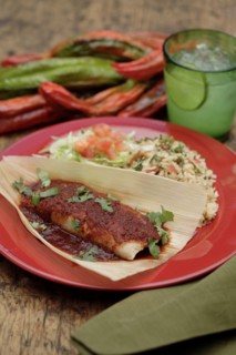 Tamale with red sauce on plate