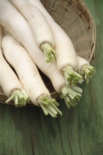 Daikon radishes in basket