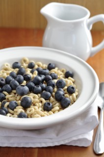 Fresh blueberries in bowl of cereal