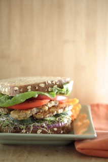 Close up of tempeh soy sandwich