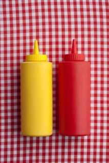 Close up of ketchup and mustard bottles