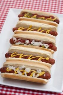 Close up of plate of hot dogs