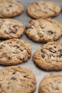 Close up of tray of chocolate chip cookies