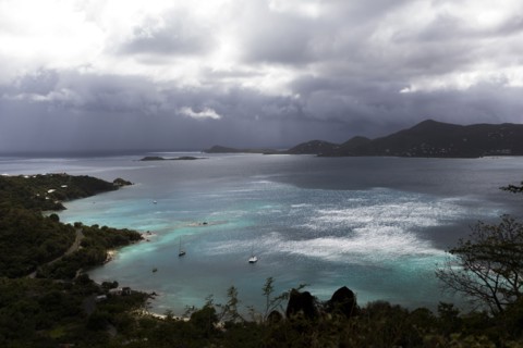 Aerial view of ocean and lush coastline