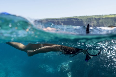 Mixed race woman snorkeling in tropical ocean