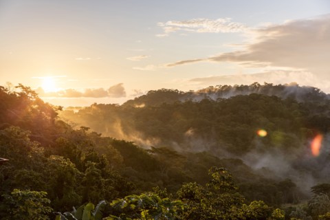 Fog on mountains at sunset