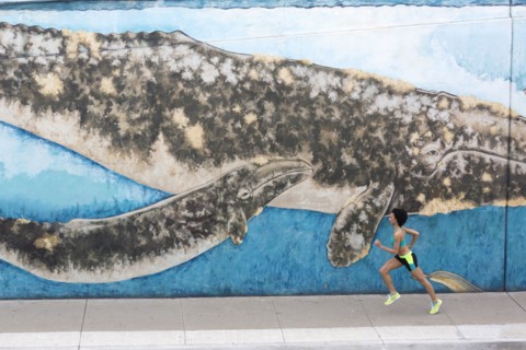 Distant Mixed Race woman running on sidewalk near mural