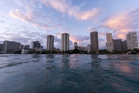 Surface level view of urban waterfront