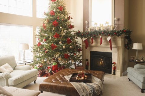 Christmas tree and decorations in living room