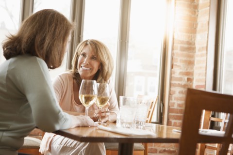 Caucasian friends drinking wine in restaurant