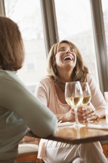 Caucasian friends drinking wine in restaurant