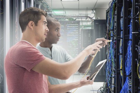 Businessmen working in server room