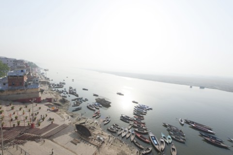 Aerial view of boats in rural harbor