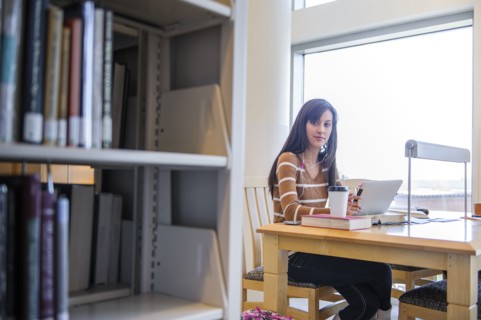 Student working at desk in library