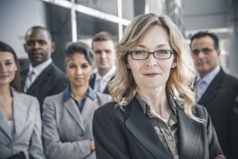Business people smiling outdoors
