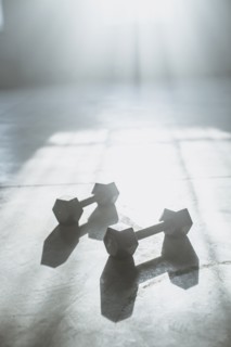 Dumbbell weights on floor in sunlight