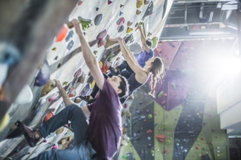 Athletes climbing rock wall in gym