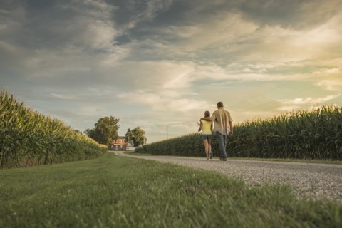 Caucasian father and daughter walking on dirt path by corn field