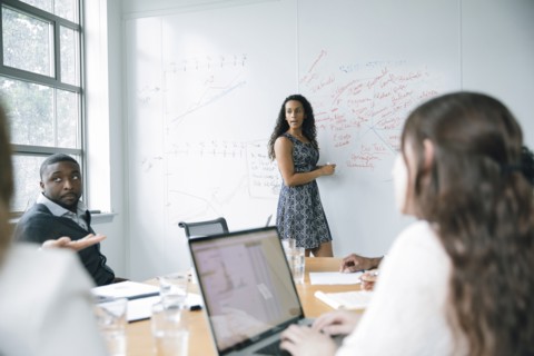 Businesswoman talking at whiteboard in meeting